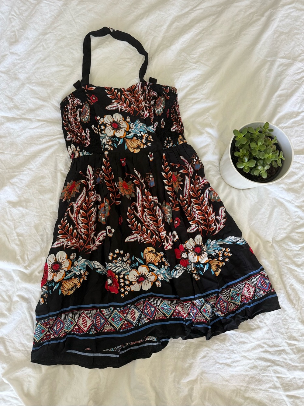 Suzanne Betro Black Floral Halter Dress with Red, Blue, Cream & Tan Accents